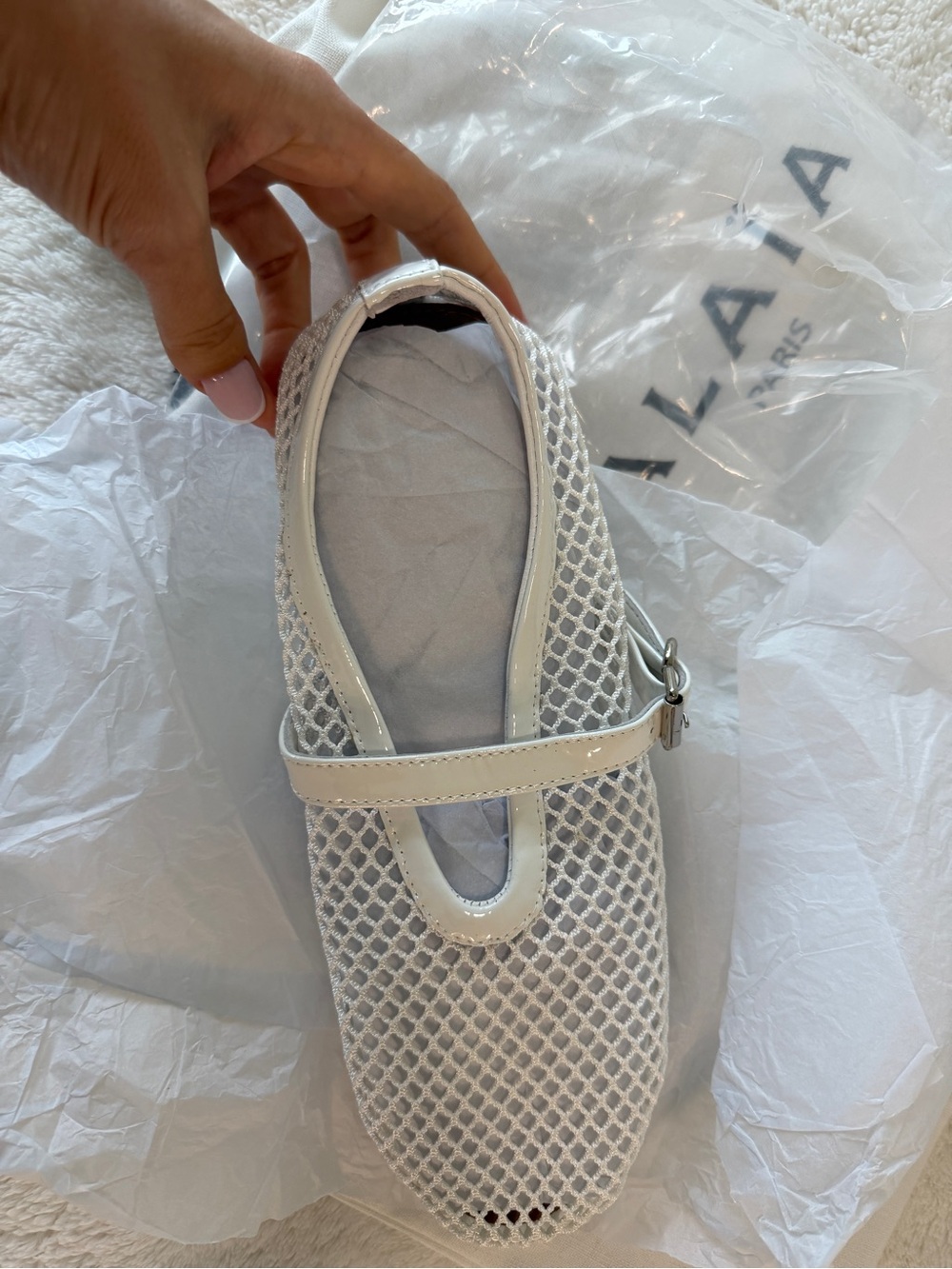 Alaia White Mesh Mary Jane Loafers with Strap